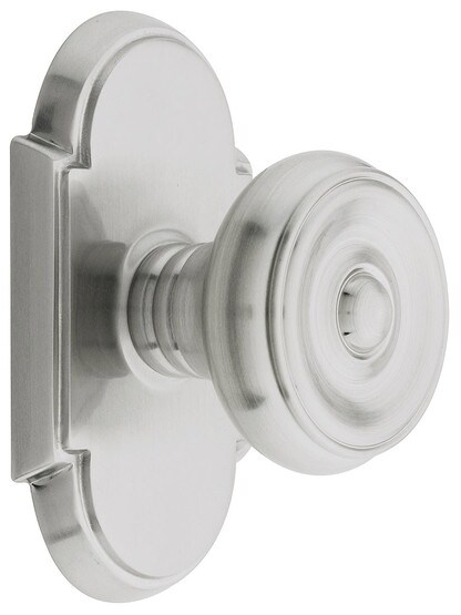 Arched Rosette Set With Waverly Knobs in Satin Nickel.